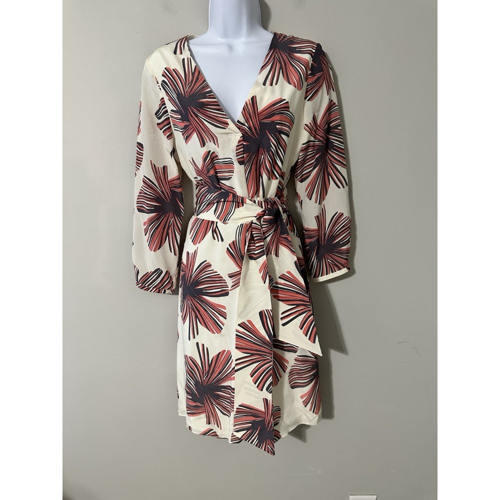ELLIE KAI 100% Silk‎ Wrap Dress Size 6 Abstract Floral Starburst Print Belted